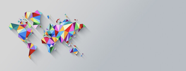 World map shape made of colorful polygons. 3D illustration on a white background. Horizontal banner