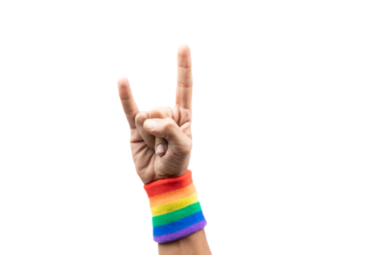 Male hand doing the hard rock sign with lgtbi flag bracelet, isolated.