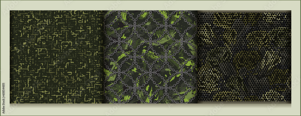 Aufkleber set of seamless khaki camouflage patterns with small abstract shapes, hexagon net with roses, chains