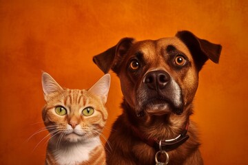 Brown cat and dog together looking at the camera. Generative AI