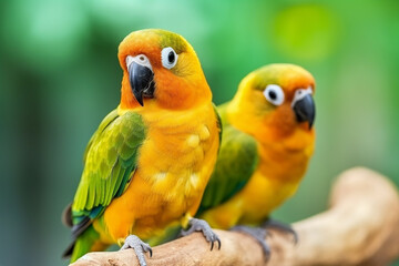 Two parrots on a branch with green background. Generative AI
