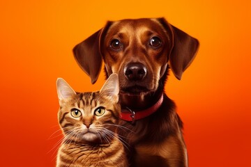 Brown cat and dog together looking at the camera. Generative AI