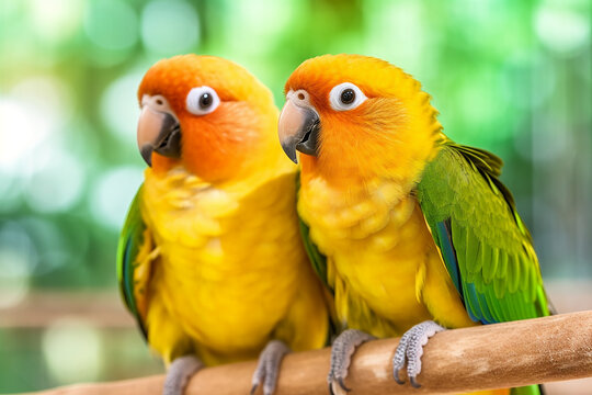 Two parrots on a branch with green background. Generative AI

