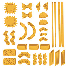 Big set of different types of italian pasta. Vector hand drawn illustration for menu, posters, cooking books on white background. 