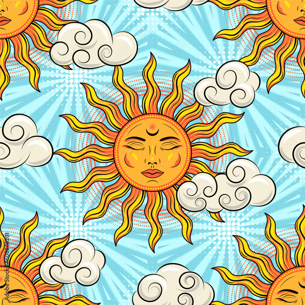 Poster seamless pattern with sun with face, clouds, halftone shapes. blue background behind with rays, beam