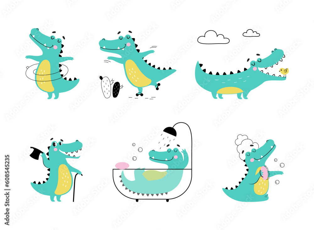 Poster Cute Crocodile Character Engaged in Different Activity Vector Illustration Set