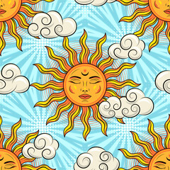 Seamless pattern with sun with face, clouds, halftone shapes. Blue background behind with rays, beams, stripes. Groovy, hippie style. Good for apparel, fabric, textile, kids design.