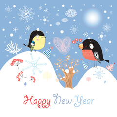 New Year's card with birdies on a lavender background with snowflakes