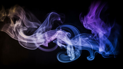 黒い背景にぼやけた色の煙、紫青白い色、暗いコピースペースに粒状効果GenerativeAI