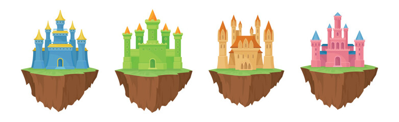 Obraz premium Castle with Towers and Walls on Floating Rocky Island Vector Set