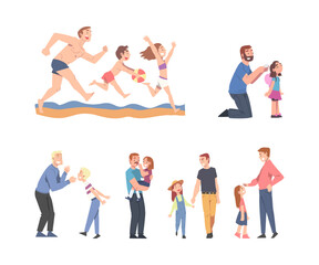 Father and Child Spending Time Together Playing Vector Set