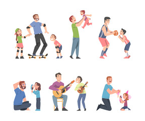 Fototapeta premium Father and Child Spending Time Together Playing Vector Set