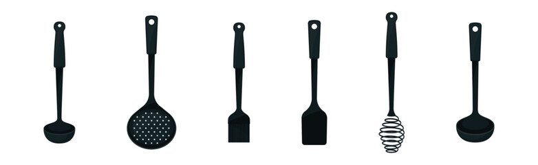 Black Plastic Kitchen Tools with Spatula, Ladle and Whisk Vector Set