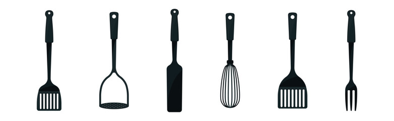 Black Plastic Kitchen Tools with Spatula, Fork and Whisk Vector Set