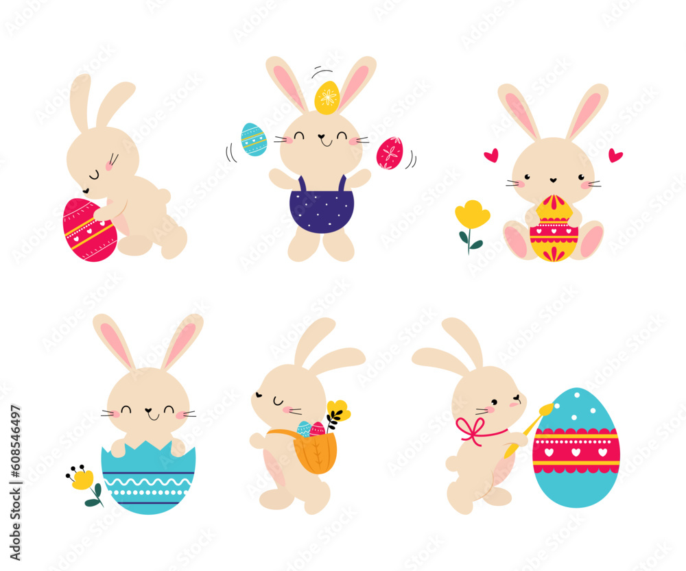 Canvas Prints Cute Easter Bunny with Egg Vector Illustration Set