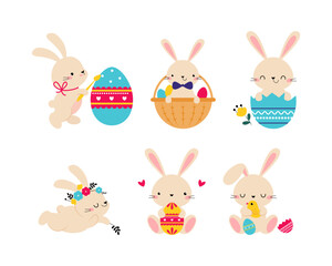 Obraz na płótnie Canvas Cute Easter Bunny with Egg Vector Illustration Set
