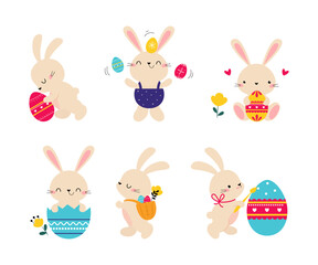 Cute Easter Bunny with Egg Vector Illustration Set