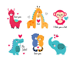 Fototapeta na wymiar Funny Animal in Love Feel Passion at Valentine Day Vector Illustration Set