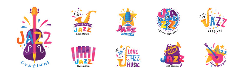 Naklejka premium Bright Jazz Festival and Live Music Concert Label Vector Set