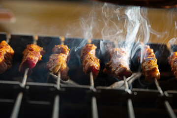Grilled lamb skewers over charcoal