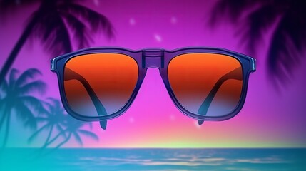 Sunglasses floating over a tropical beach with palm trees. Generative ai
