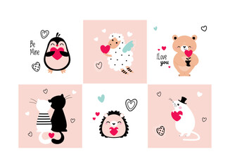 Funny Animal in Love Feel Passion at Valentine Day Vector Illustration Set