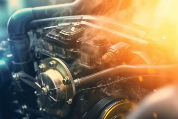 Naklejka premium Car engine overheating close-up. Vehicle engine in smoke. Generative AI