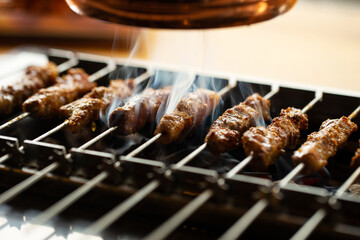 Grilled lamb skewers over charcoal	