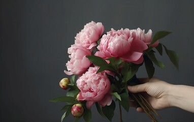 Bouquet of dark pink peonies in a male hand on a black background created with Generative AI technology