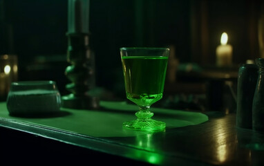 Glass with green glowing magic drink and steam rising from glass on mystery room interior background created with Generative AI technology. Poison potion. Philtre