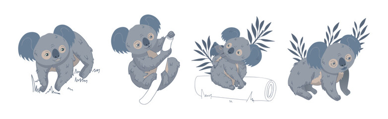 Naklejka premium Adorable Koala in Various Pose with Tree Trunk Vector Set