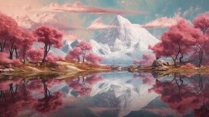 Fototapeta na wymiar A serene mountain lake, encompassed by lush pink trees. Generative ai