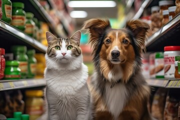 Cat and dog looking at the camera in front of food shop. Dog and cat food. Generative AI