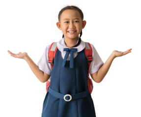 Portrait Happy smile asian school girl in uniform with posing hands holding present, carrying a school bag, isolated on white background, png