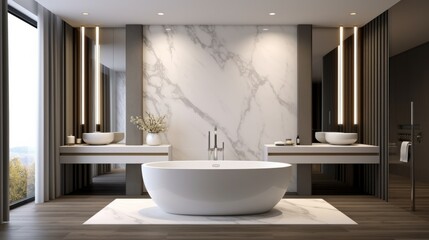 Plakat A luxurious bathroom with a spacious white bathtub as the centerpiece. Generative ai