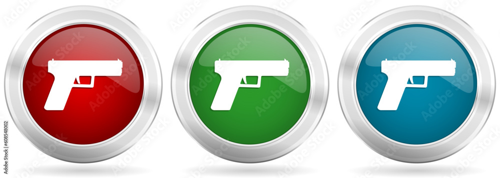 Poster pistol, gun, weapon vector icon set. red, blue and green silver metallic web buttons with chrome bor
