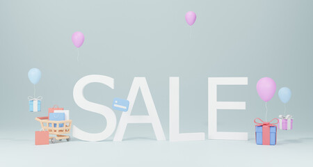 3d pink great discount sale background. Illustration of large SALE word with shopping cart, gift boxes, credit card.