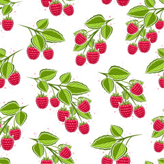 Fototapeta na wymiar Vector Raspberry Branches seamless pattern, square repeat background with illustrations of raspberries still life composition for wrapping paper, collection of flat lay ripe raspberry fruits on branch