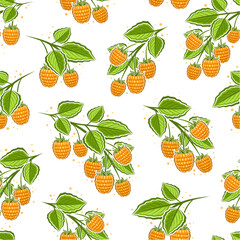Vector Yellow Raspberry Branches seamless pattern, repeat background with illustration of raspberries still life composition for wrapping paper, collection of flat lay yellow raspberry fruit on branch