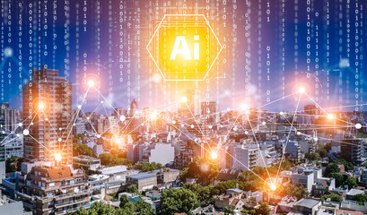 Ai technology city landscape. Futuristic big data city with transport, business, technology network. 