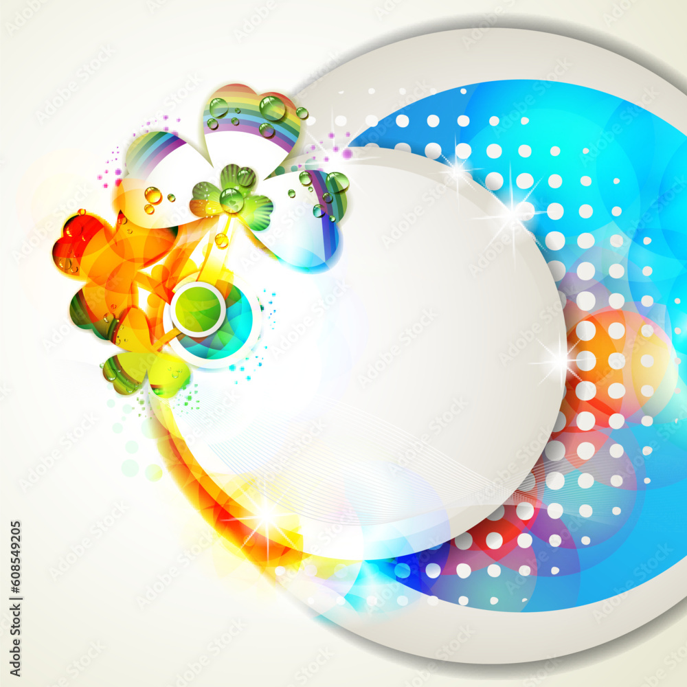 Poster colored abstract background with clover and drops of water