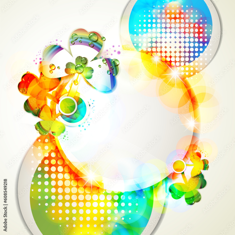 Poster colored abstract background with clover and drops of water