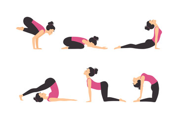 Young Woman Practicing Yoga Asanas Stretching Body Standing in Different Pose Vector Set