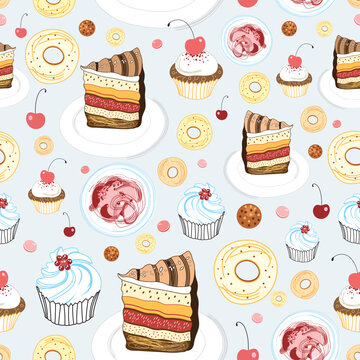 seamless graphic pattern of cakes and sweets on a light gray background
