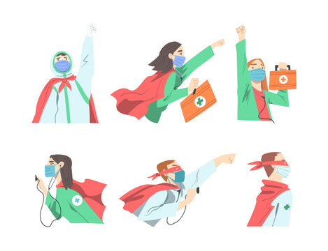Doctor Hero with Male and Female Medical Staff in Uniform and Superhero Cloak Vector Set