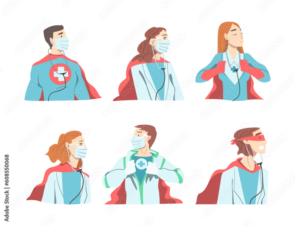 Canvas Prints Doctor Hero with Male and Female Medical Staff in Uniform and Superhero Cloak Vector Set