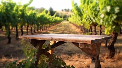 A peaceful wooden bench surrounded by rows of grapevines in a vineyard. Generative ai