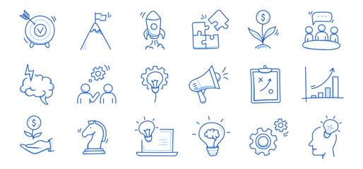 Business idea, startup doodle line icon set. Hand drawn doodle sketch line style business strategy, finance goal concept. Rocket, target, brain cute element. Vector illustration © Polina Tomtosova