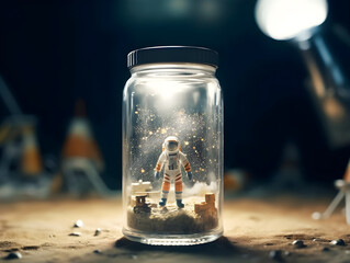 An astronaut trapped in a glass jar, stranded on the dusty terrain of an alien planet. Generative AI