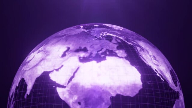 4k Seamless loop video of glowing and Futuristic rotating animation of earth globe on middle, Business and Technology purple Background